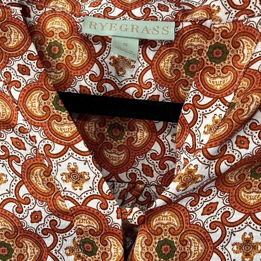 RYEGRASS - Long Sleeve Burnt Orange White Pattern Silky Blouse Size S - Picture 5 of 6
